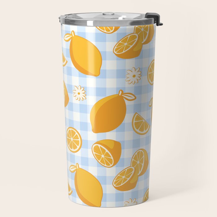Lemons on Pastel Blue Gingham Travel Mug Gallery Image 2