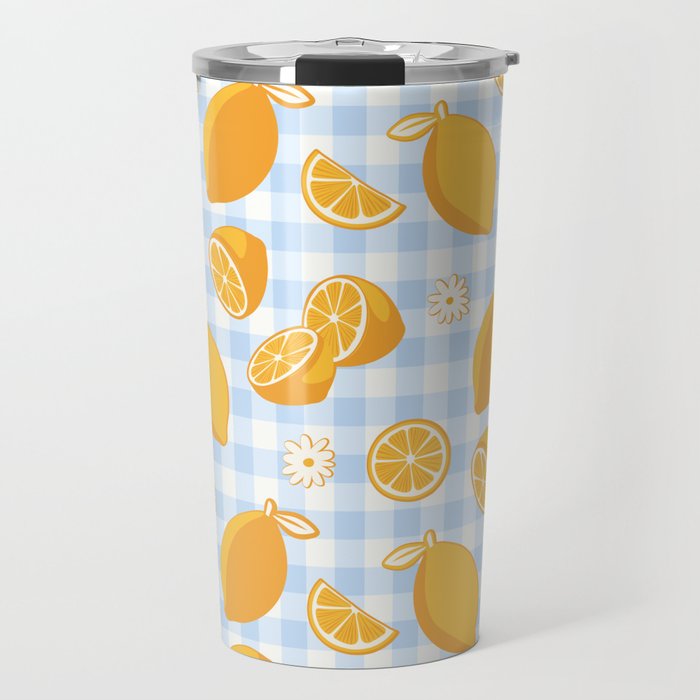 Lemons on Pastel Blue Gingham Travel Mug Gallery Image 1