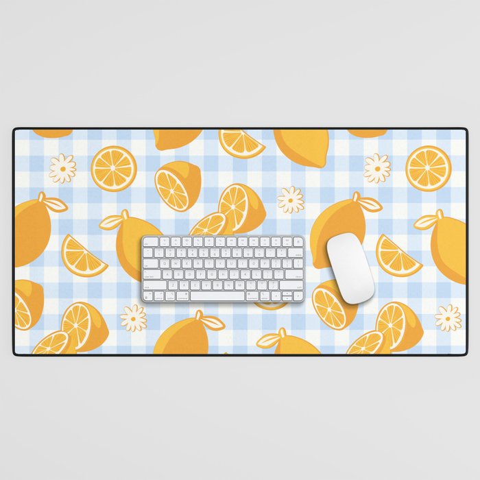 Lemons on Pastel Blue Gingham Desk Mat Gallery Image 1