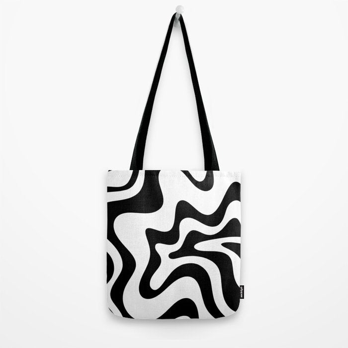 Retro Liquid Swirl Abstract Pattern Square Black and White Tote Bag Gallery Image 2