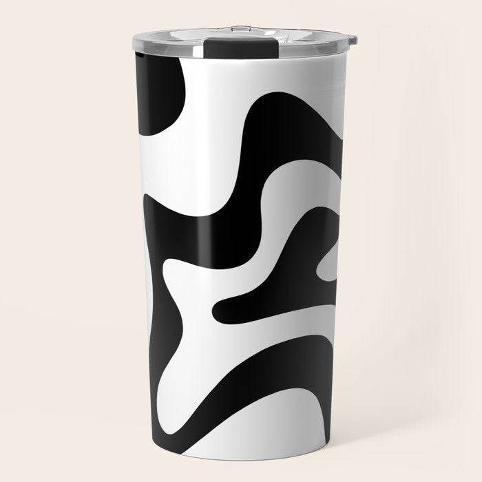 Retro Liquid Swirl Abstract Pattern Square Black and White Travel Mug Gallery Image 1