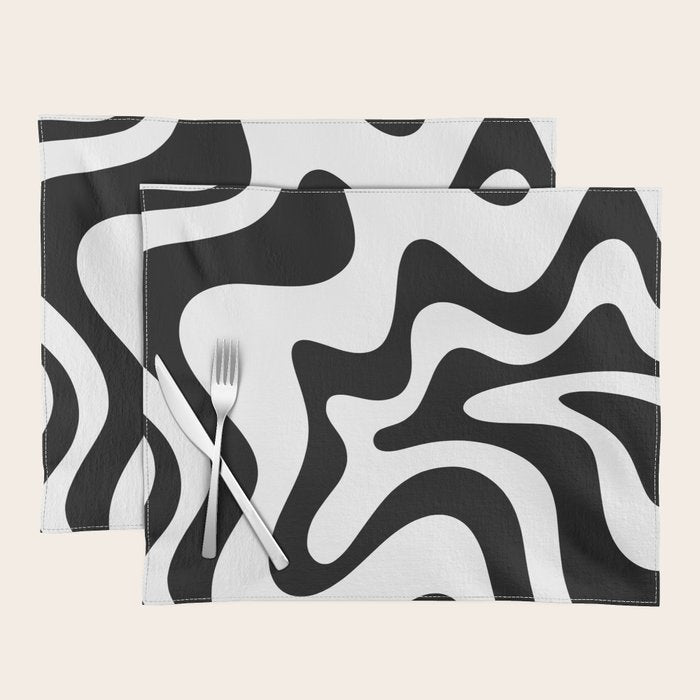 Retro Liquid Swirl Abstract Pattern Square Black and White Placemat Gallery Image 1