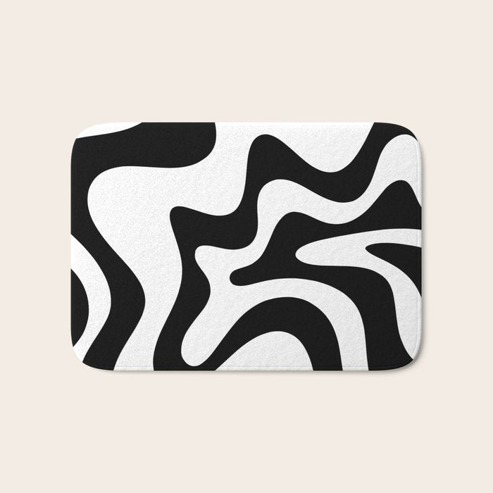 Retro Liquid Swirl Abstract Pattern Square Black and White Bath Mat Gallery Image 1
