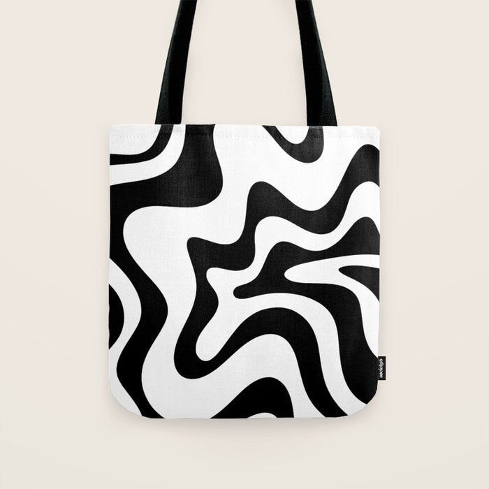Retro Liquid Swirl Abstract Pattern Square Black and White Tote Bag Gallery Image 1