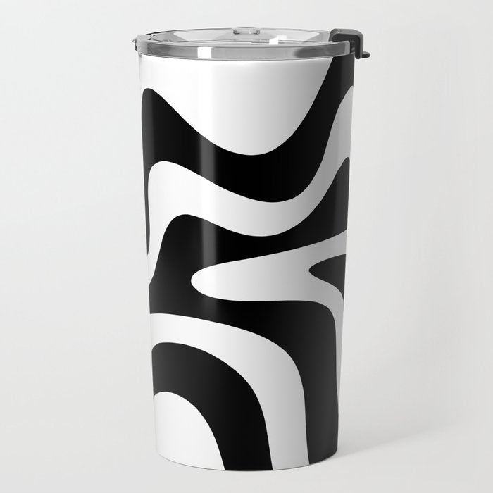 Retro Liquid Swirl Abstract Pattern Square Black and White Travel Mug Gallery Image 2
