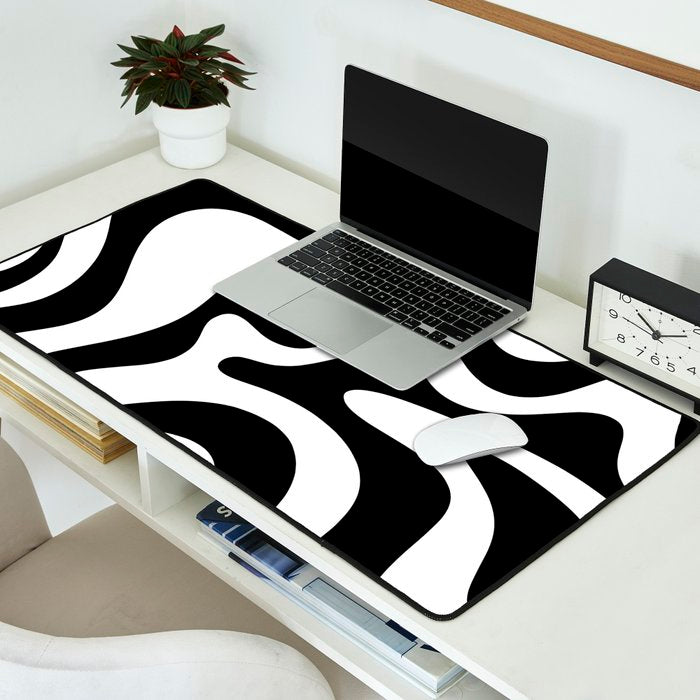 Retro Liquid Swirl Abstract Pattern Square Black and White Desk Mat Gallery Image 2