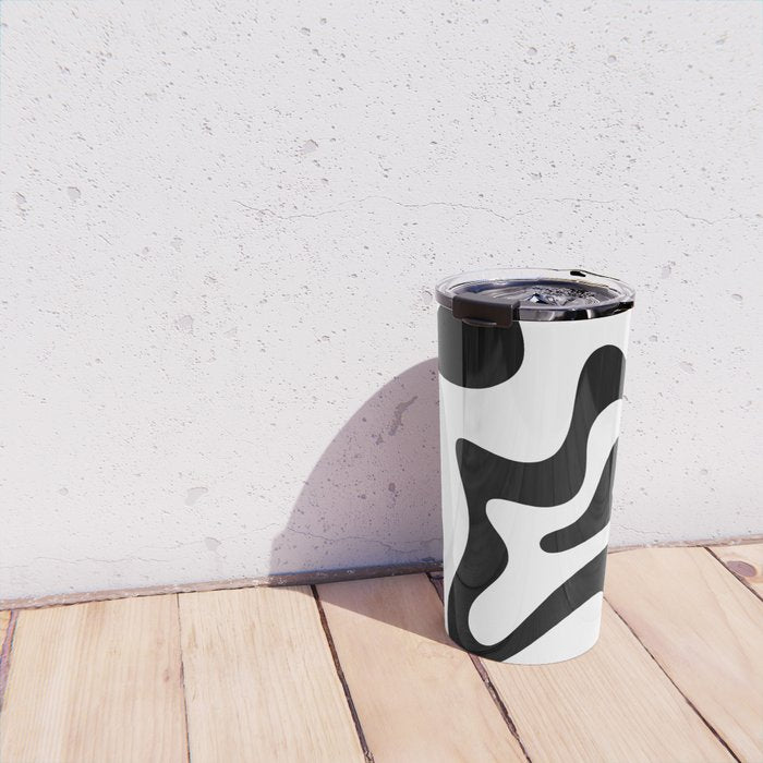 Retro Liquid Swirl Abstract Pattern Square Black and White Travel Mug Gallery Image 4