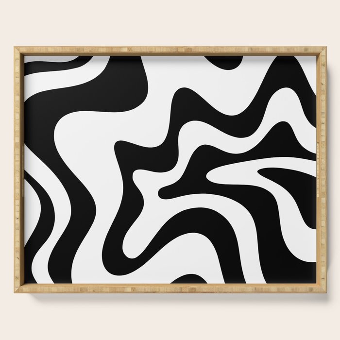 Retro Liquid Swirl Abstract Pattern Square Black and White Serving Tray Gallery Image 1