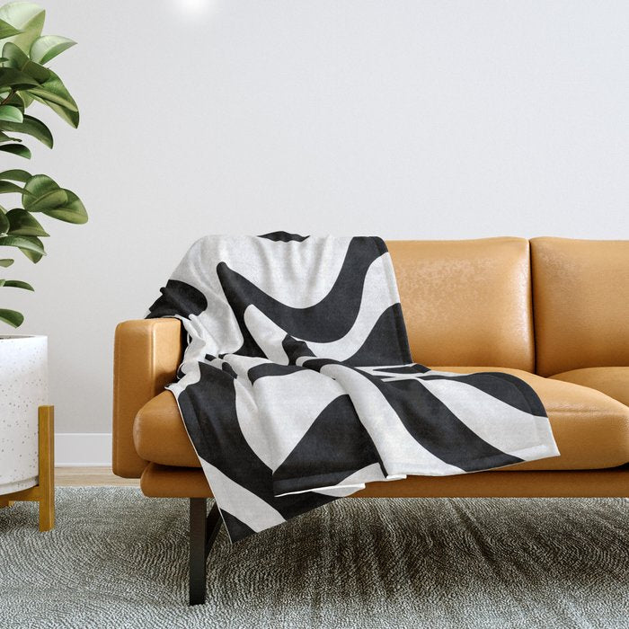 Retro Liquid Swirl Abstract Pattern Square Black and White Throw Blanket Gallery Image 1