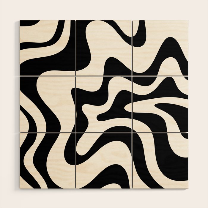 Retro Liquid Swirl Abstract Pattern Square Black and White Wood Wall Art Gallery Image 1