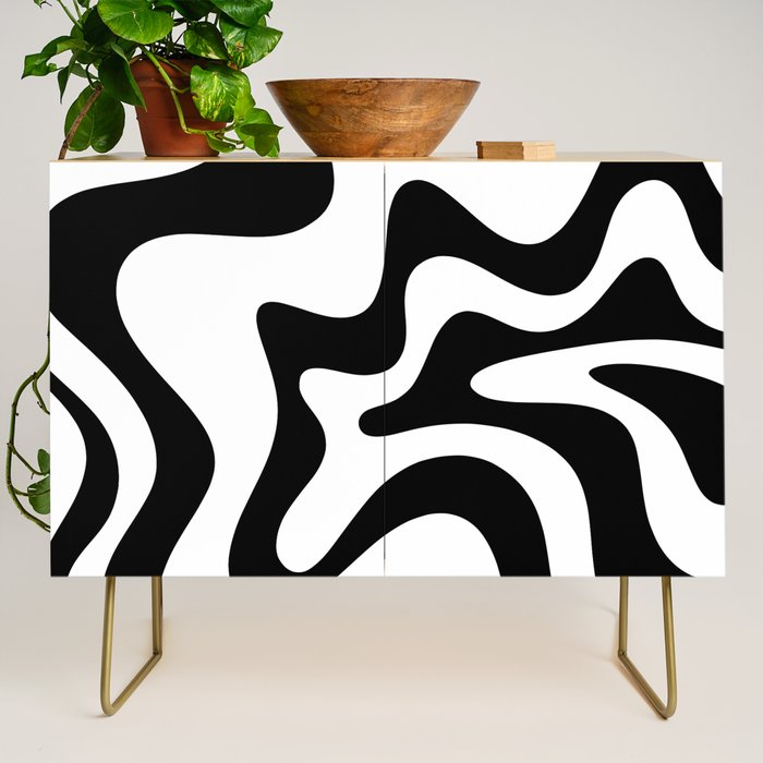 Retro Liquid Swirl Abstract Pattern Square Black and White Credenza Gallery Image 1