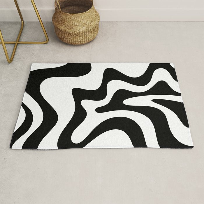 Retro Liquid Swirl Abstract Pattern Square Black and White Rug Gallery Image 1