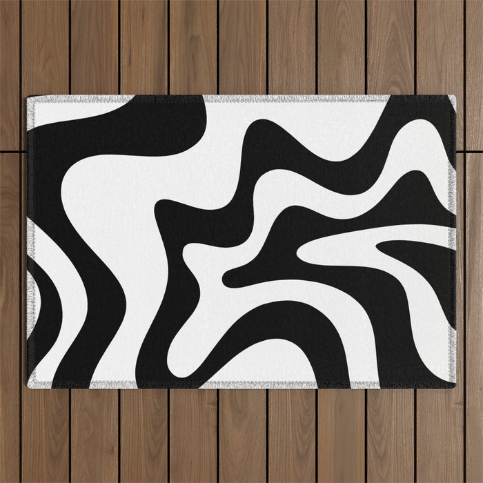 Retro Liquid Swirl Abstract Pattern Square Black and White Outdoor Rug Gallery Image 1