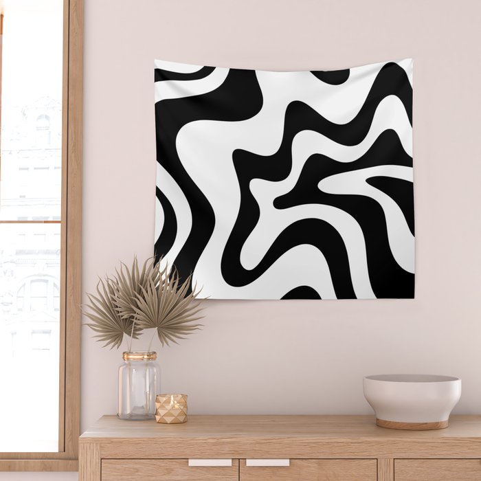 Retro Liquid Swirl Abstract Pattern Square Black and White Wall Tapestry Gallery Image 2