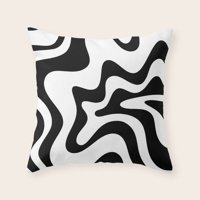 Retro Liquid Swirl Abstract Pattern Square Black and White Throw Pillow Gallery Image 6