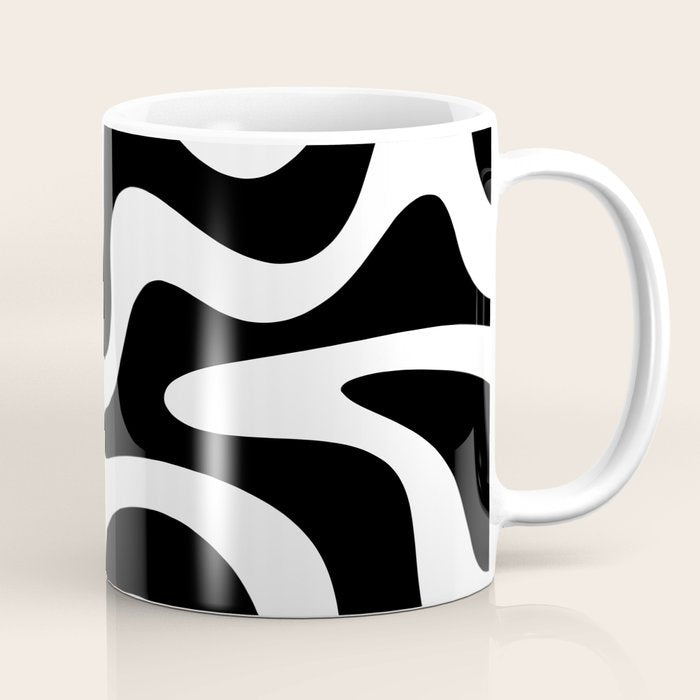 Retro Liquid Swirl Abstract Pattern Square Black and White Coffee Mug Gallery Image 1