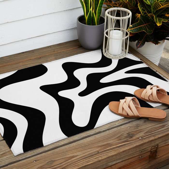 Retro Liquid Swirl Abstract Pattern Square Black and White Outdoor Rug Gallery Image 2