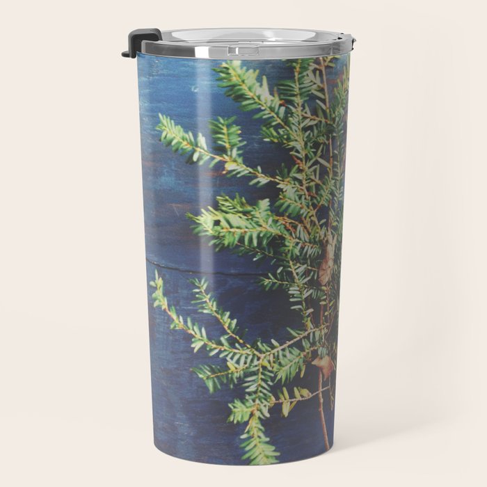 Hemlock on Blue Table - nature still life photograph Travel Mug Gallery Image 3