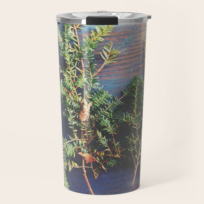 Hemlock on Blue Table - nature still life photograph Travel Mug Gallery Image 1