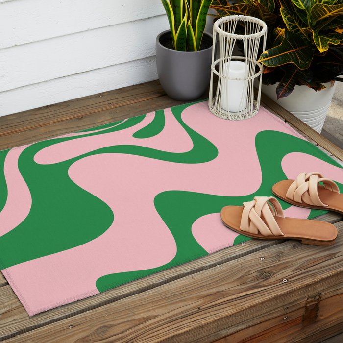 Retro Liquid Swirl Abstract 2 in Pink and Green Outdoor Rug Gallery Image 2