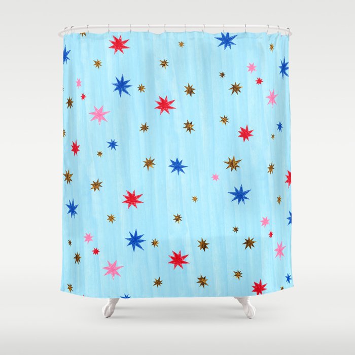 Celestial Star Twinkle in Sky Blue Watercolor Shower Curtain Gallery Image 1