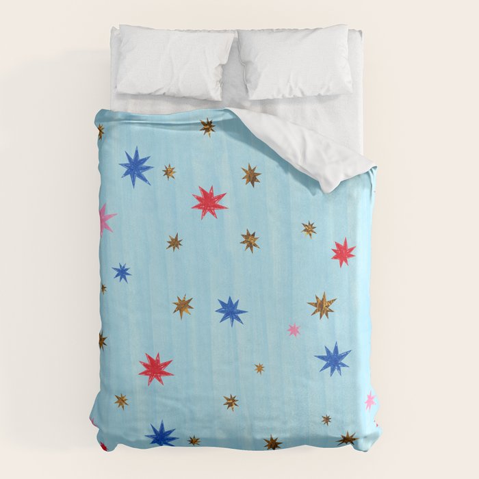 Celestial Star Twinkle in Sky Blue Watercolor Duvet Cover Gallery Image 6
