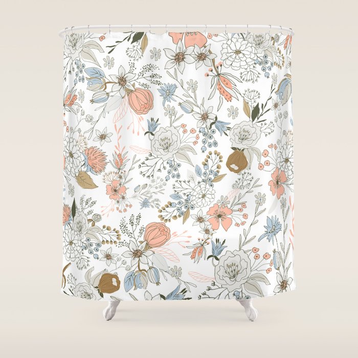 Abstract modern coral white pastel rustic floral Shower Curtain Gallery Image 1