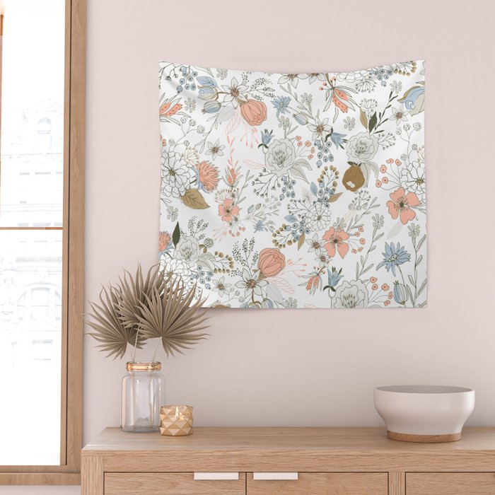 Abstract modern coral white pastel rustic floral Wall Tapestry Gallery Image 2