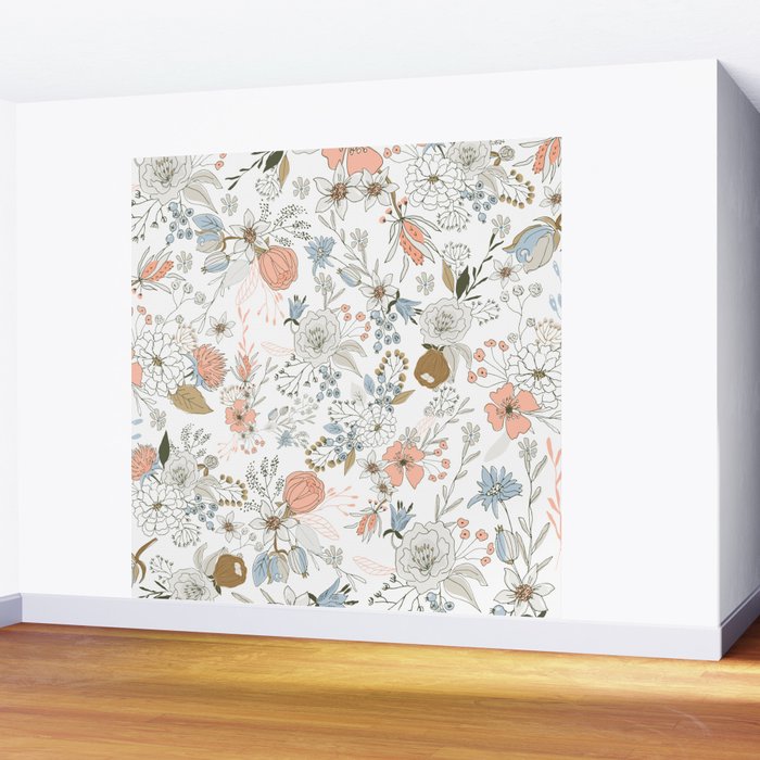 Abstract modern coral white pastel rustic floral Wall Mural Gallery Image 2