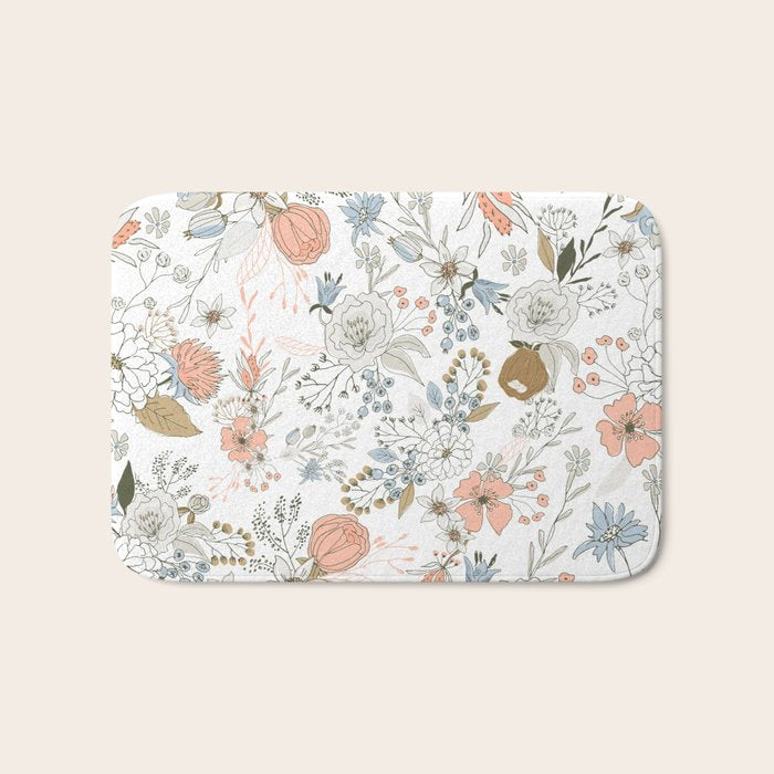 Abstract modern coral white pastel rustic floral Bath Mat Gallery Image 1