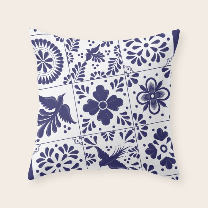 Mexican Talavera Blue Tiles Pattern by Akbaly Throw Pillow Gallery Image 1