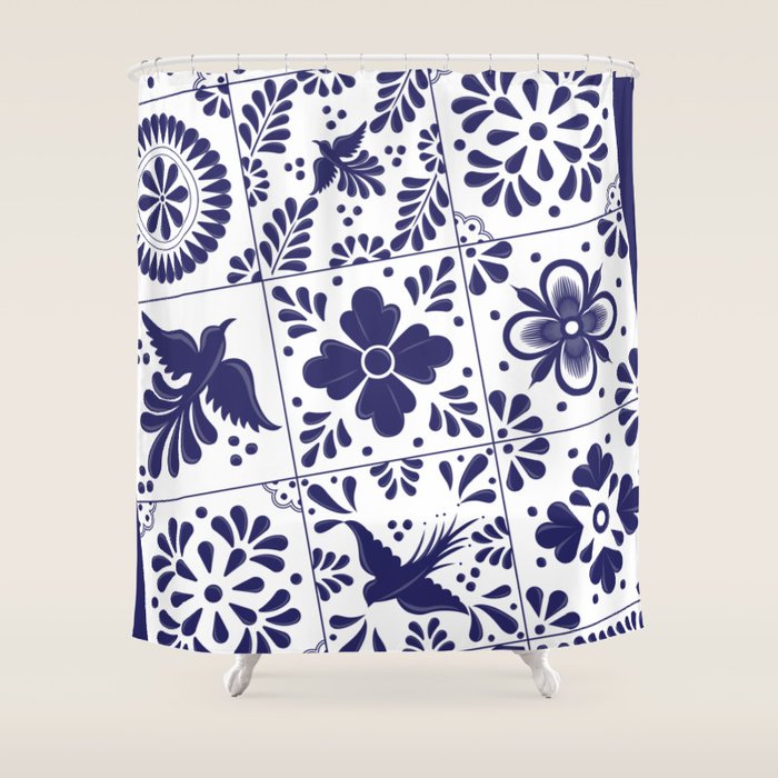 Mexican Talavera Blue Tiles Pattern by Akbaly Shower Curtain Gallery Image 1