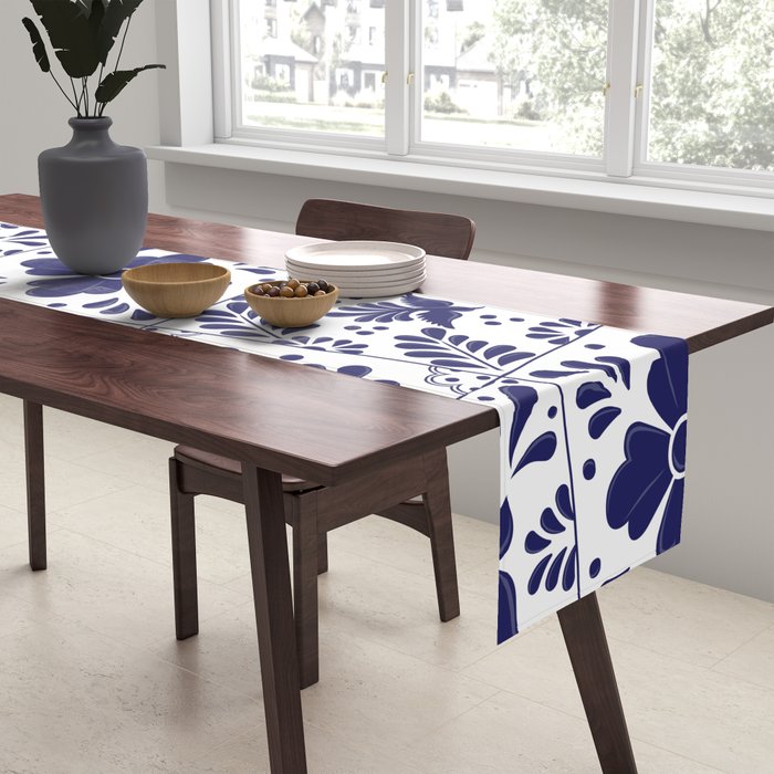Mexican Talavera Blue Tiles Pattern by Akbaly Table Runner Gallery Image 2