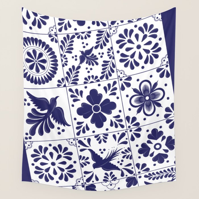 Mexican Talavera Blue Tiles Pattern by Akbaly Wall Tapestry Gallery Image 4