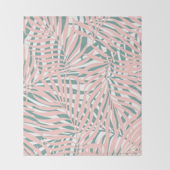 Summer, Tropical Green and Pink, Palm Leaves Pattern Throw Blanket Gallery Image 2