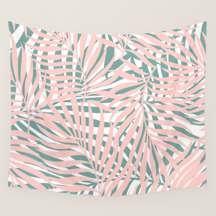 Summer, Tropical Green and Pink, Palm Leaves Pattern Wall Tapestry Gallery Image 4