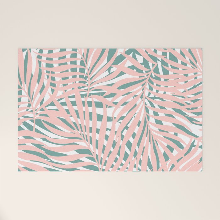 Summer, Tropical Green and Pink, Palm Leaves Pattern Welcome Mat Gallery Image 1