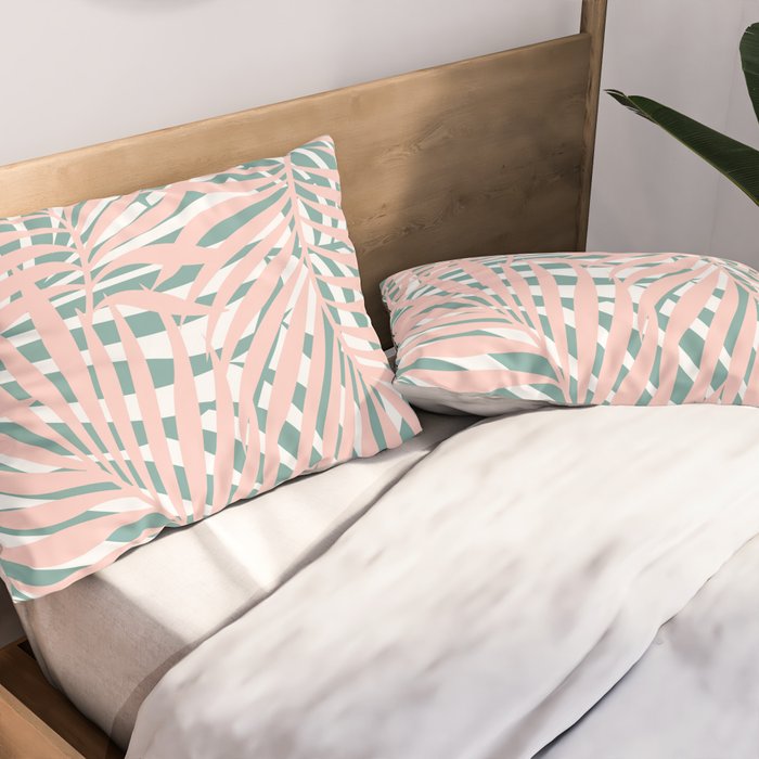 Summer, Tropical Green and Pink, Palm Leaves Pattern Pillow Sham Gallery Image 2