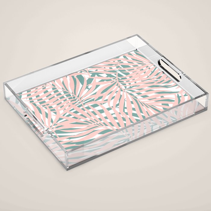 Summer, Tropical Green and Pink, Palm Leaves Pattern Acrylic Tray Gallery Image 1