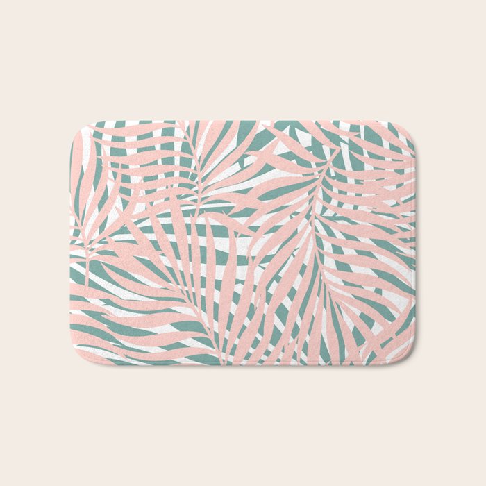 Summer, Tropical Green and Pink, Palm Leaves Pattern Bath Mat Gallery Image 1