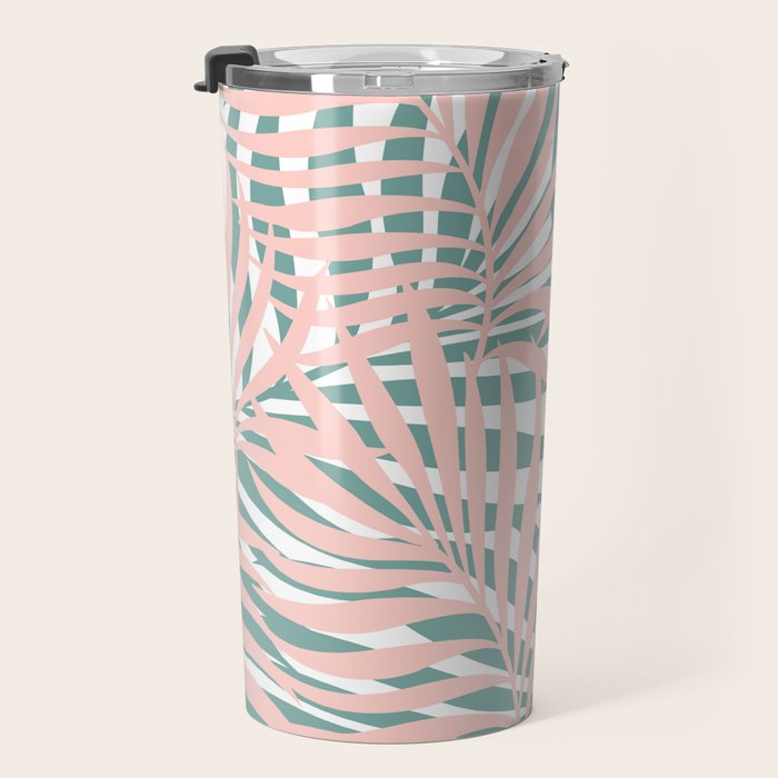 Summer, Tropical Green and Pink, Palm Leaves Pattern Travel Mug Gallery Image 3