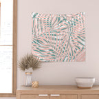 Summer, Tropical Green and Pink, Palm Leaves Pattern Wall Tapestry Gallery Image 2