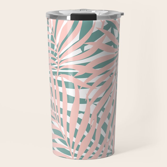 Summer, Tropical Green and Pink, Palm Leaves Pattern Travel Mug Gallery Image 1
