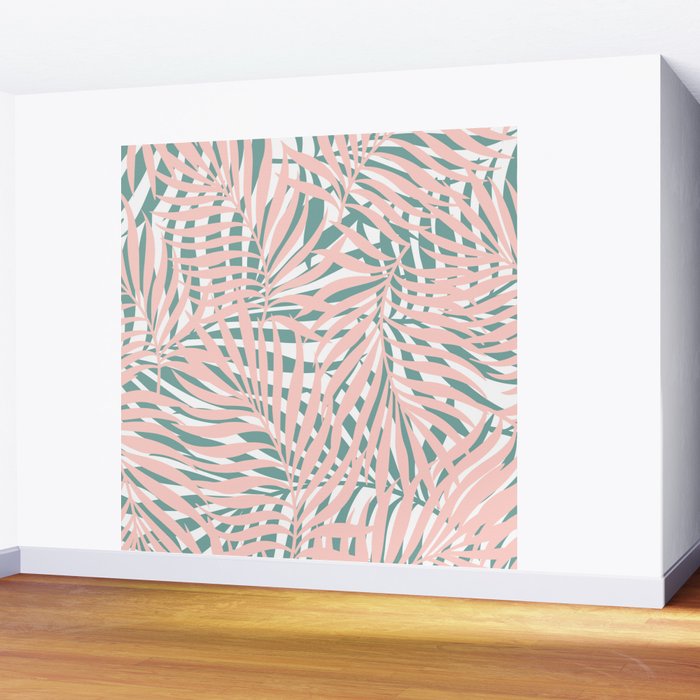Summer, Tropical Green and Pink, Palm Leaves Pattern Wall Mural Gallery Image 2