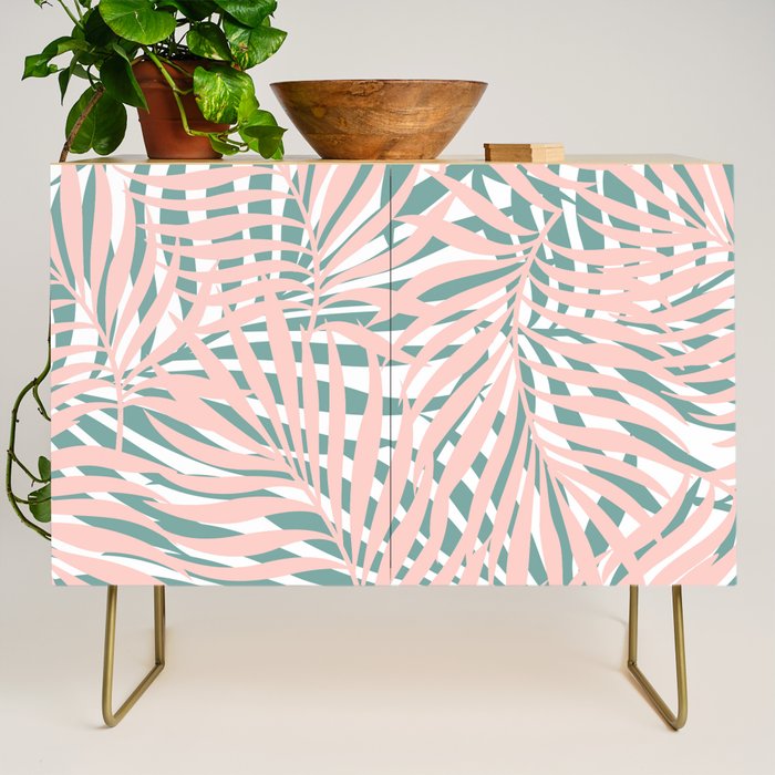 Summer, Tropical Green and Pink, Palm Leaves Pattern Credenza Gallery Image 1