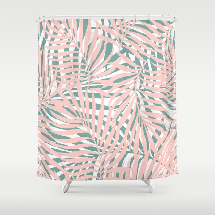Summer, Tropical Green and Pink, Palm Leaves Pattern Shower Curtain Gallery Image 1
