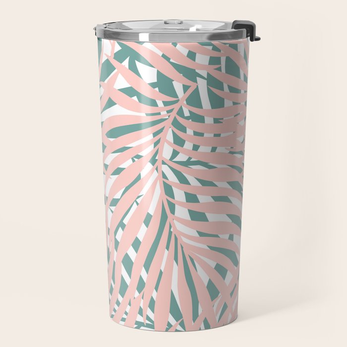 Summer, Tropical Green and Pink, Palm Leaves Pattern Travel Mug Gallery Image 2