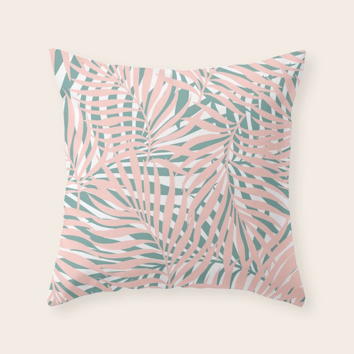 Summer, Tropical Green and Pink, Palm Leaves Pattern Throw Pillow Gallery Image 6