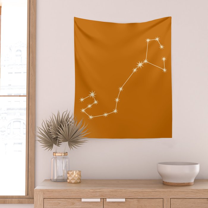 Scorpio Zodiac Star Constellation Line Art Orange Wall Tapestry Gallery Image 2