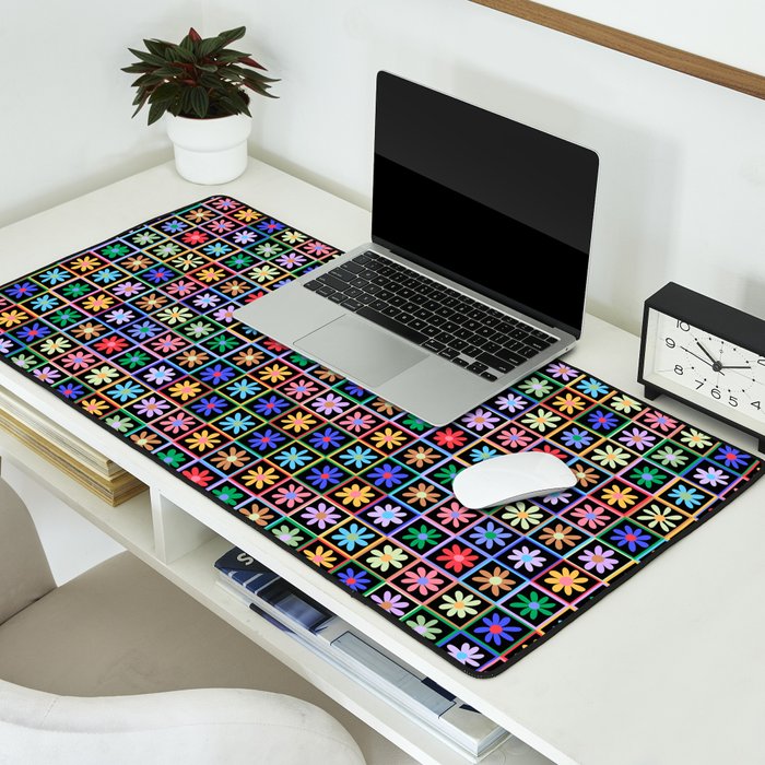 Checkered Flowers in Black  Desk Mat Gallery Image 2